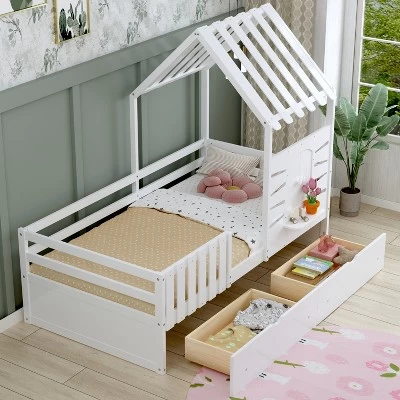 Twin Size House Bed For Kids, Twin Bed With Rails And 2 Storage Drawers, Wooden Playhouse Beds With Roof And Window 8 Twin Size House Bed For Kids, Twin Bed With Rails And 2 Storage Drawers, Wooden Playhouse Beds With Roof And Window - Image 6