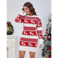 Ugly Christmas Sweater Dress For Women Xmas Crew Neck Pullover Sweater Holiday Knitted Mini Tunic Dress