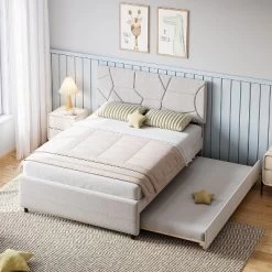 Garvee Full/Queen Size Upholstered Platform Bed With Twin Trundle - Pull Out Bed Frame With Headboard, Wood Slats, For Guest & Kids Rooms, Grey