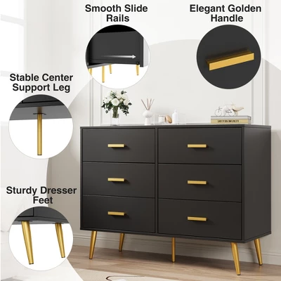 Modern Wooden Dresser With Gold Handles, White 6 Drawer Dresser With Storage Space, Chest Dresser With Deep Drawers For Bedroom, Living Room 8 Modern Wooden Dresser With Gold Handles, White 6 Drawer Dresser With Storage Space, Chest Dresser With Deep Drawers For Bedroom, Living Room - Image 6