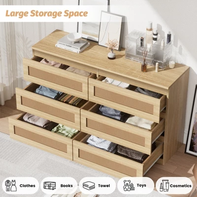 Dresser For Bedroom, Rattan 6/8 Drawer Dresser For Closet, Double Wood Dressers & Chest Of Drawers, For Bedroom/Living Room/Entryway, Natural 5 Dresser For Bedroom, Rattan 6/8 Drawer Dresser For Closet, Double Wood Dressers & Chest Of Drawers, For Bedroom/Living Room/Entryway, Natural - Image 3