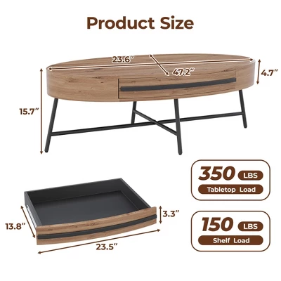 Oval Coffee Table With Drawer Mid-Century Modern Center Table 47.2“ Wooden Coffee Table With Storage 3 Oval Coffee Table With Drawer Mid-Century Modern Center Table 47.2“ Wooden Coffee Table With Storage