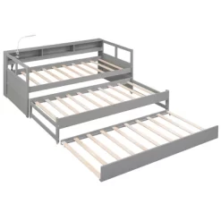 Twin XL Daybed With 2 Trundles 1 Light For Free USB Charging Design Wooden Bed Frame With 3 Storage Cubbies For Kids Teens -Garvee GUEST 2e6e0d25 8e58 4878 9f8d 7fc73b09a507