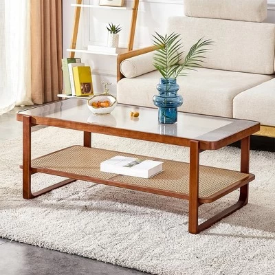 Modern Rattan Coffee Table,Rectangular Center Table With Tempered Glass Tabletop,2 Tier Wood Tea Table For Living Room Office Bedroom 10 Modern Rattan Coffee Table,Rectangular Center Table With Tempered Glass Tabletop,2 Tier Wood Tea Table For Living Room Office Bedroom - Image 8