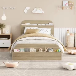 Twin Kids Bed Frame With Storage Headboard & Footboard - Low Profile Wood Platform Bed, Sturdy Wood Slats, No Box Spring Needed