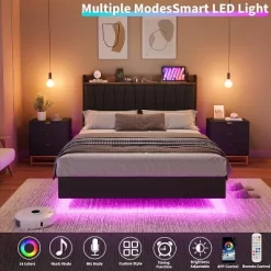Floating Bed Frame With LED Lights & USB Charging Station – Modern Upholstered Platform Bed With Headboard, Solid Wood Slats Support 10 Floating Bed Frame With LED Lights & USB Charging Station – Modern Upholstered Platform Bed With Headboard, Solid Wood Slats Support -Garvee GUEST 302aa7b4 84ed 4301 8aca 90848ccad0fb