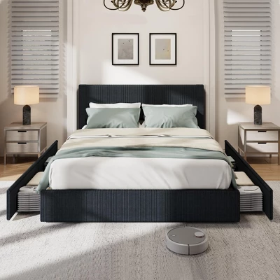 Bed Frame With 4 Storage Drawers, Platform Bed Frame With Upholstered Channel Tufted Wingback Headboard, Strong Wooden Slats Support 4 Bed Frame With 4 Storage Drawers, Platform Bed Frame With Upholstered Channel Tufted Wingback Headboard, Strong Wooden Slats Support - Image 2