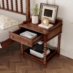 Retro Style Nightstand With Drawer And Open Shelf For Bedroom, Bedside Table With Turned Legs And Metal Handle 18 Retro Style Nightstand With Drawer And Open Shelf For Bedroom, Bedside Table With Turned Legs And Metal Handle -Garvee GUEST 30bbdcc3 67af 4d68 9029 0518b9266e7d