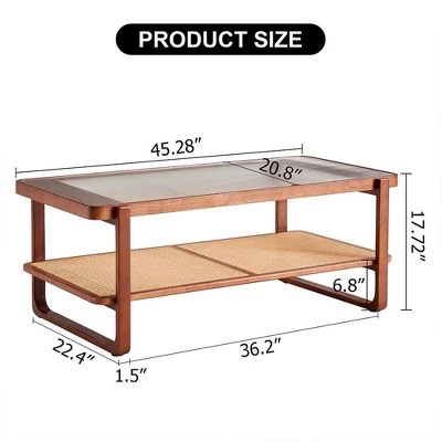 Modern Rattan Coffee Table,Rectangular Center Table With Tempered Glass Tabletop,2 Tier Wood Tea Table For Living Room Office Bedroom 5 Modern Rattan Coffee Table,Rectangular Center Table With Tempered Glass Tabletop,2 Tier Wood Tea Table For Living Room Office Bedroom - Image 3