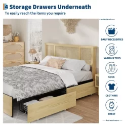 Bed Frame With Natural Rattan Headboard, Queen Size, 4 Storage Drawers, Wooden Slats, Boho-Style Cane Support, Metal Base -Garvee GUEST 3127fab3 7339 499f a396 9091fe5663cd