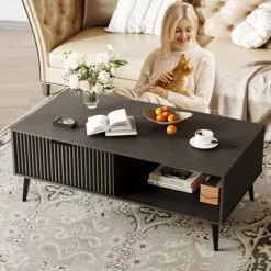 Garvee Fluted Coffee Table With Storage, Mid Century Dining Table With Sliding Door Panel And Wood Legs, Small Coffee Tables For Living Room -Garvee GUEST 312ea1e1 67d6 426d b839 06dcf21d309b 1