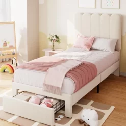 Twin Bed Frame With Storage Drawer And Headboard, Velvet Upholstered Twin Platform Bed Frame For Girls, Strong Wooden Slats Support, Noise-Free -Garvee GUEST 3210f861 65a3 478f 92a7 8dbc47719287