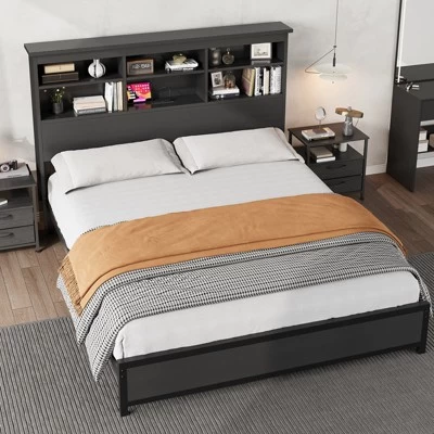 King Size Bed Frame With Bookcase Headboard, King Platform Bed With 2-tier Storage & Charging Station, No Box Spring Needed Easy Assemble,Black 8 King Size Bed Frame With Bookcase Headboard, King Platform Bed With 2-tier Storage & Charging Station, No Box Spring Needed Easy Assemble,Black - Image 6