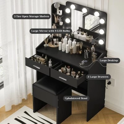 Vanity Desk With Mirror And Lights, Makeup Vanity With Power Outlet & Upholstered Stool, Wooden Dressing Table With Drawers For Bedroom 5 Vanity Desk With Mirror And Lights, Makeup Vanity With Power Outlet & Upholstered Stool, Wooden Dressing Table With Drawers For Bedroom - Image 3