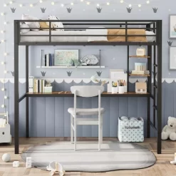 Loft Bed Twin Size With Large Desk And 2-Tier Storage Shelves, Heavy Duty Metal Loft Bed With Ladder And Guardrail For Kids And Adults 9 Loft Bed Twin Size With Large Desk And 2-Tier Storage Shelves, Heavy Duty Metal Loft Bed With Ladder And Guardrail For Kids And Adults -Garvee GUEST 3415108e 4369 43c0 9be9 43cbc32cae20