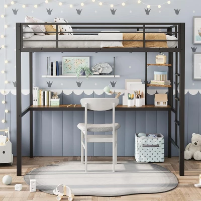 Loft Bed Twin Size With Large Desk And 2-Tier Storage Shelves, Heavy Duty Metal Loft Bed With Ladder And Guardrail For Kids And Adults 4 Loft Bed Twin Size With Large Desk And 2-Tier Storage Shelves, Heavy Duty Metal Loft Bed With Ladder And Guardrail For Kids And Adults - Image 2