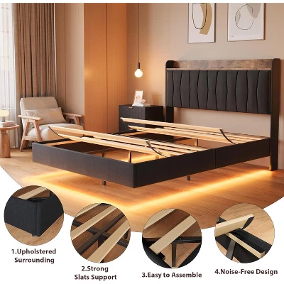 Floating Bed Frame With LED Lights & USB Charging Station – Modern Upholstered Platform Bed With Headboard, Solid Wood Slats Support 6 Floating Bed Frame With LED Lights & USB Charging Station – Modern Upholstered Platform Bed With Headboard, Solid Wood Slats Support - Image 4