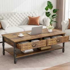 41" Rustic Coffee Table With 2 Storage Drawers, Rectangular Coffee Tables W/ Storage Shelf And Metal Legs, Wood Large Coffee Table For Living Room 18 41" Rustic Coffee Table With 2 Storage Drawers, Rectangular Coffee Tables W/ Storage Shelf And Metal Legs, Wood Large Coffee Table For Living Room -Garvee GUEST 34784fb8 c597 4d51 995d 69b5ad8ae02f