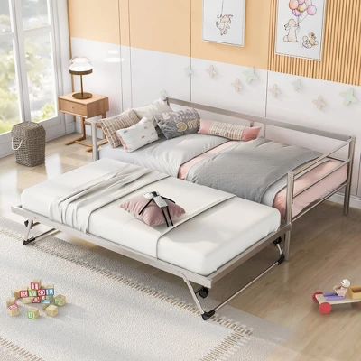Twin Size Daybed With Pop Up Trundle, Bed Frame With Braces Safety Guardrail, No Box Spring Needed, Sturdy Metal Slat Support, Folding Platform Bed 6 Twin Size Daybed With Pop Up Trundle, Bed Frame With Braces Safety Guardrail, No Box Spring Needed, Sturdy Metal Slat Support, Folding Platform Bed - Image 4