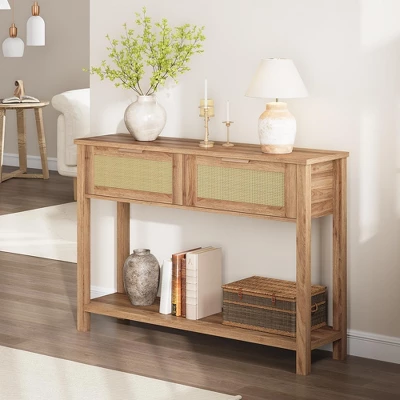 Whizmax Entryway Table, Console Table With Rattan 2 Drawers, Wood Sofa Table With Storage, Boho Console Table For Living Room Entryway 4 Whizmax Entryway Table, Console Table With Rattan 2 Drawers, Wood Sofa Table With Storage, Boho Console Table For Living Room Entryway - Image 2
