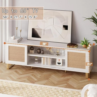 Rattan TV Stand For 65 Inch TV, White Entertainment Center Modern TV Console Table With Storage, Doors And Shelves, Media Cabinet For Living Room 3 Rattan TV Stand For 65 Inch TV, White Entertainment Center Modern TV Console Table With Storage, Doors And Shelves, Media Cabinet For Living Room