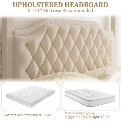 Upholstered Canopy Bed Frame With Headboard, Button Tufted, Nailhead Trim Design, No Box Spring Required 5 Upholstered Canopy Bed Frame With Headboard, Button Tufted, Nailhead Trim Design, No Box Spring Required - Image 3