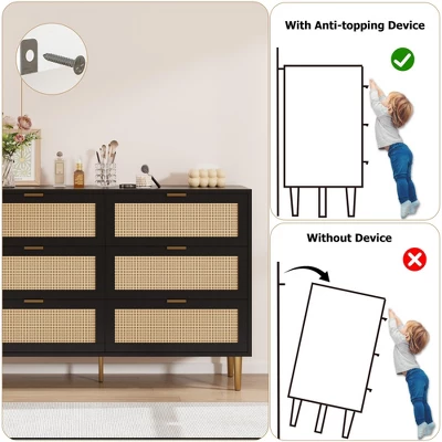 Garvee 6 Drawer Rattan Dresser With Gold Legs And Handles, Wide Double Storage Chest With Anti-Tipping Design For Bedroom Or Living Room 4 Garvee 6 Drawer Rattan Dresser With Gold Legs And Handles, Wide Double Storage Chest With Anti-Tipping Design For Bedroom Or Living Room - Image 2