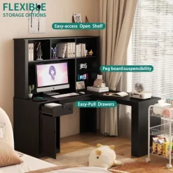 Corner Desk, L Shaped Gaming Computer Desk With Hutch, Drawers, Pegboard And Storage Shelves, With Adjustable Color LED Light And Charger