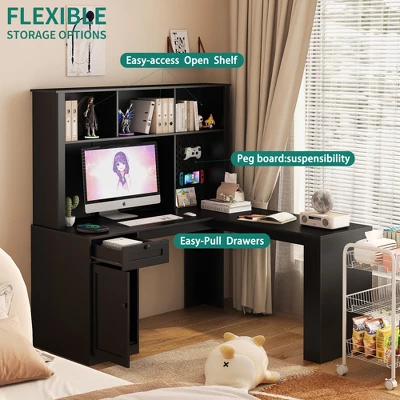 Corner Desk, L Shaped Gaming Computer Desk With Hutch, Drawers, Pegboard And Storage Shelves, With Adjustable Color LED Light And Charger 3 Corner Desk, L Shaped Gaming Computer Desk With Hutch, Drawers, Pegboard And Storage Shelves, With Adjustable Color LED Light And Charger