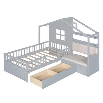 Twin Size House Bed With Sofa, Kids House Floor Bed Frame With 2 Drawers And Storage Shelf, Wooden Twin Platform Bed Frame 5 Twin Size House Bed With Sofa, Kids House Floor Bed Frame With 2 Drawers And Storage Shelf, Wooden Twin Platform Bed Frame - Image 3