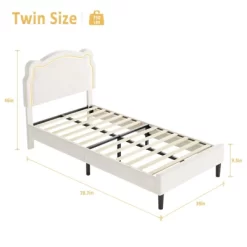 Garvee Twin Velvet Platform Bed - Adjustable Bear Headboard With RGB LED Lights, Noise-Free Kids Bed Frame, No Box Spring, Off-white
