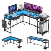 68 Inch Gaming Desk With Power Outlet, Reversible L Shaped Desk With Monitor Stand & Storage Shelves
