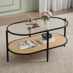 2-Tier Rattan Coffee Table, Boho Oval Coffe Table With Tempered Glass Top 17 2-Tier Rattan Coffee Table, Boho Oval Coffe Table With Tempered Glass Top -Garvee GUEST 3c9e84ce 094a 4477 9c82 aea2392cad15