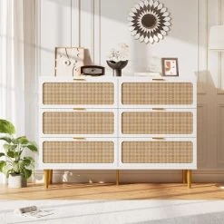 Rattan 6 Drawer Dressers For Bedroom, Large Double Dresser With Deep Drawers, Chest Of Drawers For Closet With Wide Top, Long Wooden Dresser -Garvee GUEST 3e44f1f8 dd11 4d49 aebc e90e7a43103e