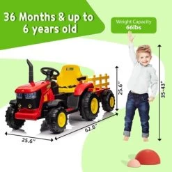 12V Kids Ride-On Tractor With Remote Control, Battery Powered Tractor Car Toy With Detachable Trailer, Music, Perfect For Boys & Girls, Red