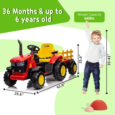 12V Kids Ride-On Tractor With Remote Control, Battery Powered Tractor Car Toy With Detachable Trailer, Music, Perfect For Boys & Girls, Red 3 12V Kids Ride-On Tractor With Remote Control, Battery Powered Tractor Car Toy With Detachable Trailer, Music, Perfect For Boys & Girls, Red