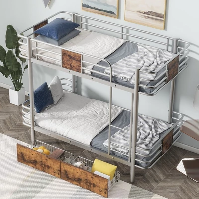 Twin XL Over Twin XL Bunk Bed With 2 Storage Drawers Guardrail Metal Bunk Bed Frame For Kids Teens Bedroom No Box Spring Needed 9 Twin XL Over Twin XL Bunk Bed With 2 Storage Drawers Guardrail Metal Bunk Bed Frame For Kids Teens Bedroom No Box Spring Needed - Image 7