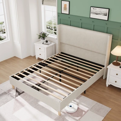 Bed Frame, Corduroy Upholstered Queen Bed Frame With Wingback Headboard, No Box Spring Needed, Solid Wooden Slats, Noise Free 7 Bed Frame, Corduroy Upholstered Queen Bed Frame With Wingback Headboard, No Box Spring Needed, Solid Wooden Slats, Noise Free - Image 5