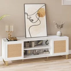 Rattan TV Stand Entertainment Center With Marble Pattern For 65" TV, White TV Console Table & Cabinet With Adjustable Shelves For Living Room, Bedroom -Garvee GUEST 3f972b31 e57a 4f9f af15 7e341748941e
