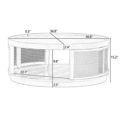 36.8'' Modern Round Coffee Table, 2 Tier Wooden Center Table With PE Rattan Side, Accent Cocktail End Table For Living Room Bedroom Office 4 36.8'' Modern Round Coffee Table, 2 Tier Wooden Center Table With PE Rattan Side, Accent Cocktail End Table For Living Room Bedroom Office - Image 2
