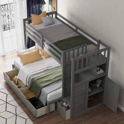 Twin Over Twin/Full Size Bunk Bed With Storage Shelves Drawers, Wooden Stairway Bunkbed Bed Frame With Convertible Bottom Beds For Kids Teens Bedroom 4 Twin Over Twin/Full Size Bunk Bed With Storage Shelves Drawers, Wooden Stairway Bunkbed Bed Frame With Convertible Bottom Beds For Kids Teens Bedroom - Image 2