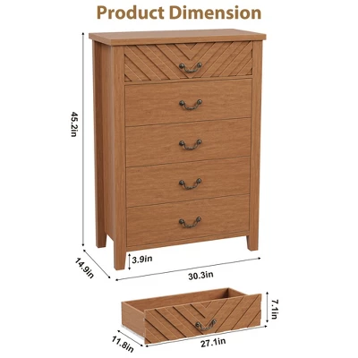 5 Drawer Dresser For Bedroom, 45.2" Tall Brown Chest Of Drawer With V Shape Design, Modern Wooden Closet Nightstand For Living Room Entryway Nursery 8 5 Drawer Dresser For Bedroom, 45.2" Tall Brown Chest Of Drawer With V Shape Design, Modern Wooden Closet Nightstand For Living Room Entryway Nursery - Image 6