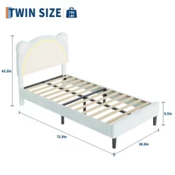 Bed Frame For Kids, Upholstered Platform Bed Frame With Adjustable Headboard & Led Light, Wooden Slats Support, No Box Spring Needed
