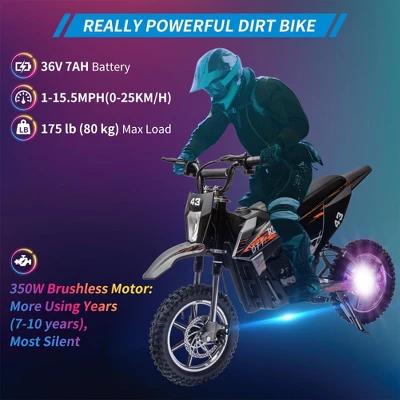 36V Electric Dirt Bike For Kids, Ride On Motorcycle 350W Brushless Motor Fast Speed 15.5MPH 4 36V Electric Dirt Bike For Kids, Ride On Motorcycle 350W Brushless Motor Fast Speed 15.5MPH - Image 2