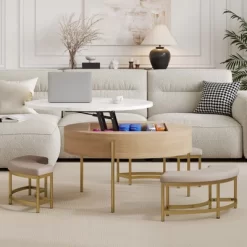 Lift Top Coffee Table With 3 Ottoman, Modern Round Center Table With Hidden Storage, Wood Cocktail Table For Living Room Bedroom Office -Garvee GUEST 40c95647 703d 4d6a 9d1e 7f923f90f21d