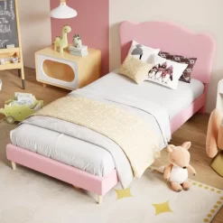 Bed Frame For Kids With Scallop Headboard, Cute Velvet Twin Bed For Girls, Boys, Sturdy Platform Bed, No Box Spring Needed, Wooden Slats, Noise Free 24 Bed Frame For Kids With Scallop Headboard, Cute Velvet Twin Bed For Girls, Boys, Sturdy Platform Bed, No Box Spring Needed, Wooden Slats, Noise Free -Garvee GUEST 410ea0ae 4b38 449d 8797 7351b0c53cd3