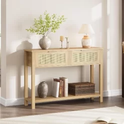 Rattan Console Table With 2 Drawers, Wooden Entryway Table With Rattan Sliding Door -Garvee GUEST 411fddb9 1852 47ae 9394 7ea2e7171cf9