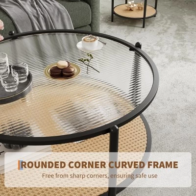 30" Rattan Coffee Table, 2-Tier Round End Table With Storage, Round Water-Wave Glass Metal Center Tables 6 30" Rattan Coffee Table, 2-Tier Round End Table With Storage, Round Water-Wave Glass Metal Center Tables - Image 4