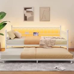 Twin Size Daybed With Pop-Up Trundle & LED Lights, Pull Out Bed With Charging Station And Pull Out Turundle, Metal Sofa Bed Frame For Living Room -Garvee GUEST 420254e8 edb3 4a96 ba78 770b7cbabe0b