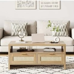 Garvee Rattan Coffee Table With 2 Drawers, Wooden Coffee Table With Open Storage, Oak -Garvee GUEST 4250b81d 49bf 4cfe 83f7 6f312980d6fc